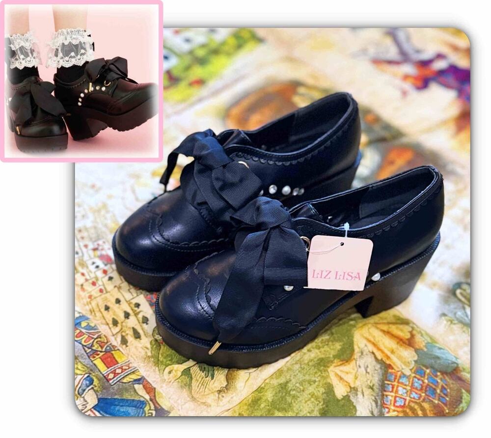 Liz Lisa Lace up Platform Shoes Black Jewel Bow Size L Gyaru Japan Jirai Kei Tag